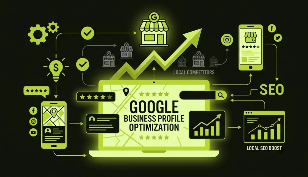 Illustration showing an optimized Google Business Profile with reviews, business information, and map visibility.