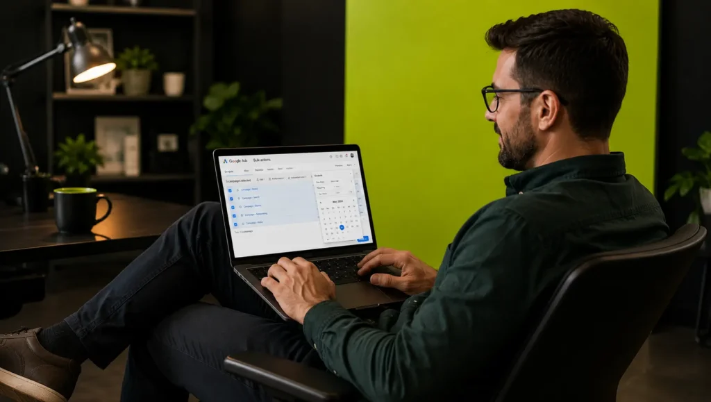 Team member relaxing with a laptop showing Google Ads bulk actions and automated scheduling in a modern office.