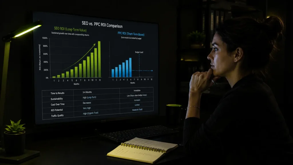 Marketing analyst comparing SEO and PPC ROI performance on a desktop monitor in a modern office workspace.
