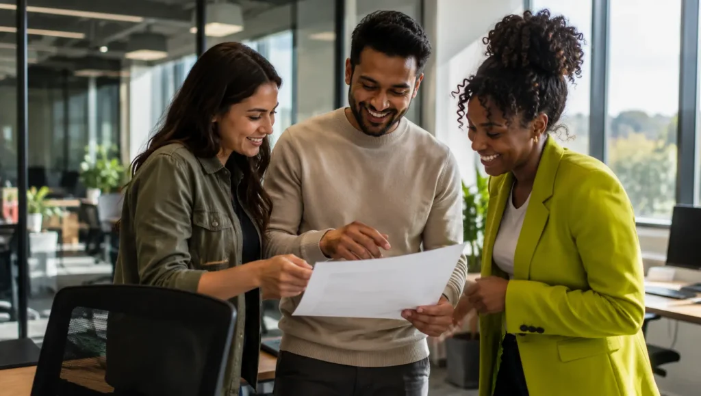Marketing team reviewing a content outline and discussing SEO strategy in a modern office during a collaborative planning session.