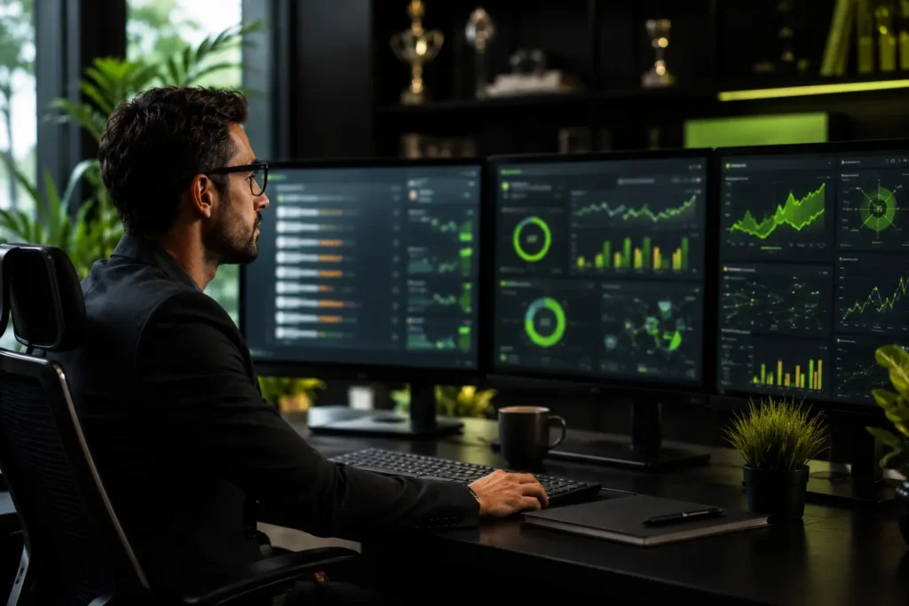 SEO specialist reviewing online Reputation Management in SEO, customer reviews, search performance, and website authority on multiple digital dashboards.