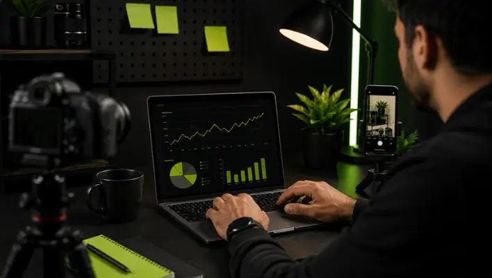 Business owner managing a faceless social media marketing strategy using analytics, content planning tools, and digital marketing dashboards on a laptop.