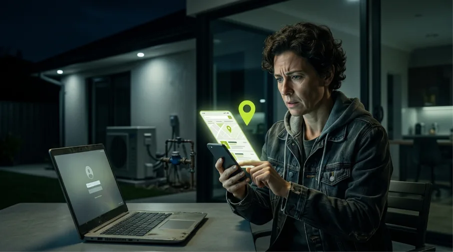 A concerned corporate attorney using a local map search app on a mobile phone at night to analyze law firm SEO geographic visibility.