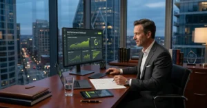 A corporate and business attorney sitting at an office desk looking at an upward-trending SEO performance dashboard on a monitor, illustrating SEO for corporate and business attorneys.