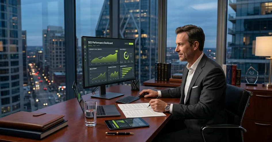 A corporate and business attorney sitting at an office desk looking at an upward-trending SEO performance dashboard on a monitor, illustrating SEO for corporate and business attorneys.