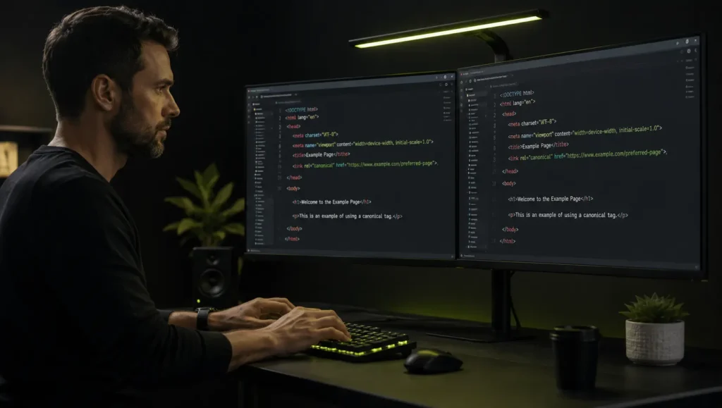SEO professional reviewing HTML code with canonical tags on dual monitors in a modern office workspace.
