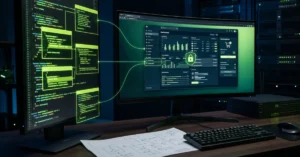 Dual computer monitors displaying secure coding architecture and a web development dashboard.