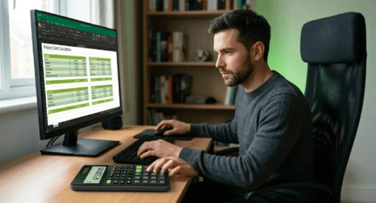 A small business owner calculating project costs on a spreadsheet to determine how much should a small business spend on SEO, targeting a realistic average budget between $1500 and $3,000 per month depending on market competition.