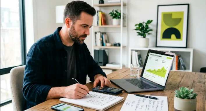 A small business owner calculating returns on a laptop graph to answer how much should a small business spend on SEO, planning a monthly digital marketing budget typically ranging from $1500 to $3,000 for competitive growth.
