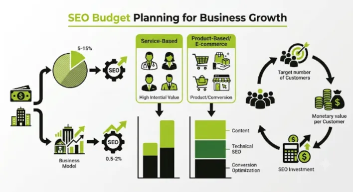 An SEO budget planning infographic showing how much should a small business spend on SEO, illustrating that businesses typically allocate 5% to 15% or 0.5% to 2% of budget depending on their service-based or e-commerce business model.