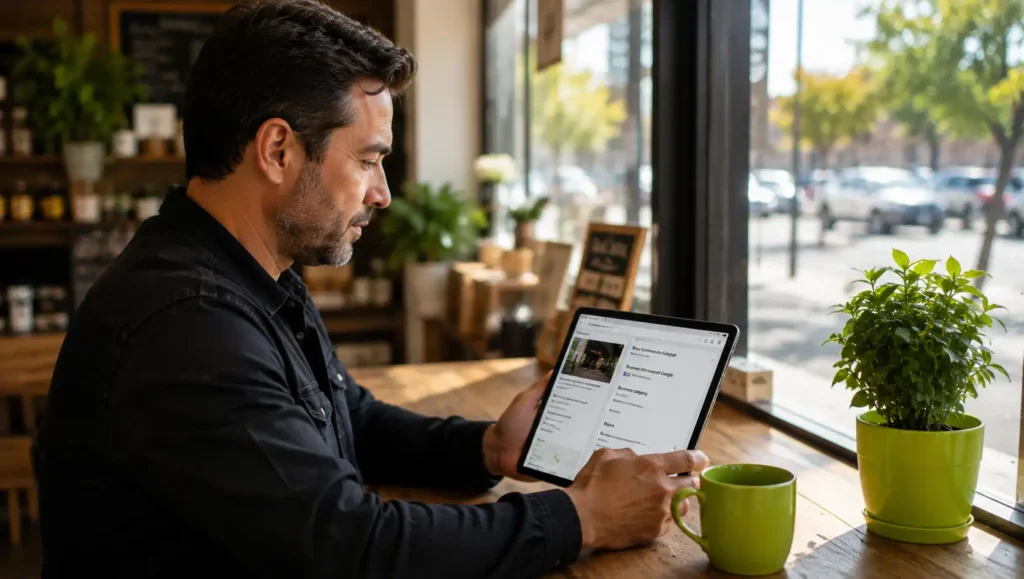Small business owner managing a Google Business Profile on a tablet inside his shop to update local business information. (2)
