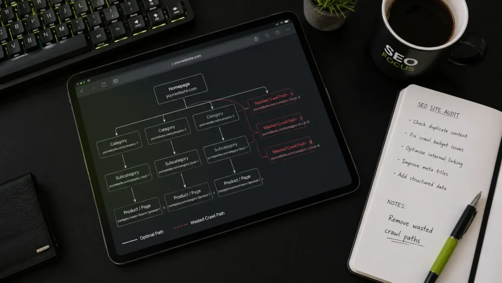 Tablet displaying a website architecture diagram with crawl paths on a modern dark desk for technical SEO analysis.
