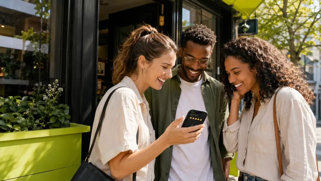 Three happy customers outside a local storefront leaving a five-star review on a smartphone in natural daylight.