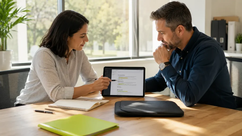 Two marketing professionals reviewing an SEO article and keyword strategy on a tablet during a collaborative meeting.
