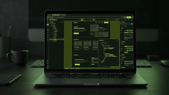 Laptop displaying a visual website builder interface alongside a custom code editor window.