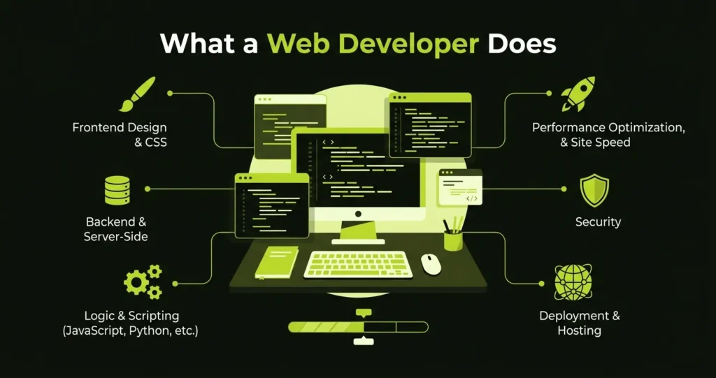 Modern illustration of a web developer building websites using code, design tools, and development frameworks.