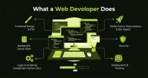 Modern illustration of a web developer building websites using code, design tools, and development frameworks.