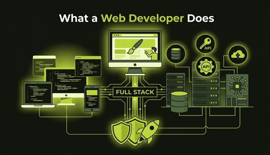 Illustration showing full stack development connecting front-end interfaces, servers, APIs, and databases.