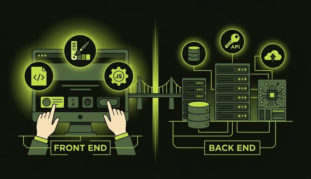 Illustration comparing front-end user interface development with back-end server and database development.