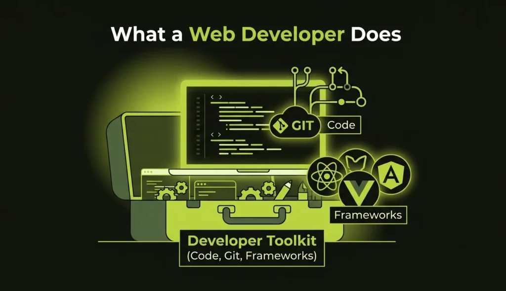Illustration featuring coding tools, Git version control, frameworks, and developer workflows.