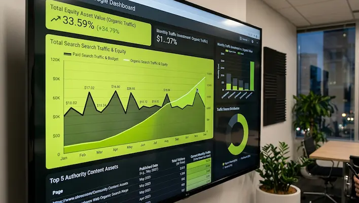 SEO dashboard showing organic search traffic and equity growth of 33.59% compared to paid search budget as a long term marketing investment