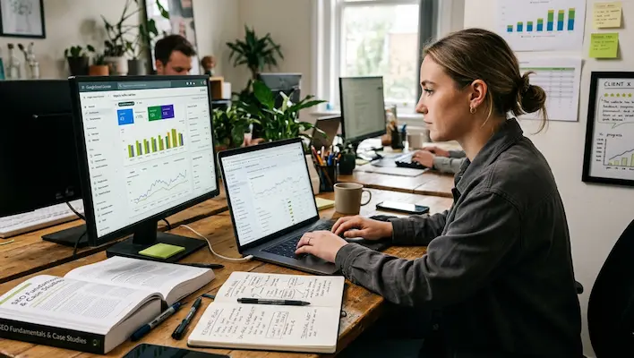 SEO professional studying fundamentals and case studies while tracking Google Search Console performance data on a monitor and laptop