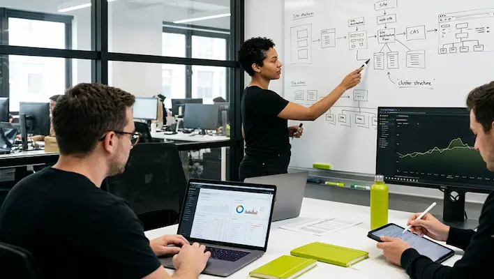 SEO team reviewing average pricing structure and site architecture on a whiteboard with analytics data on a laptop and tablet in a modern office