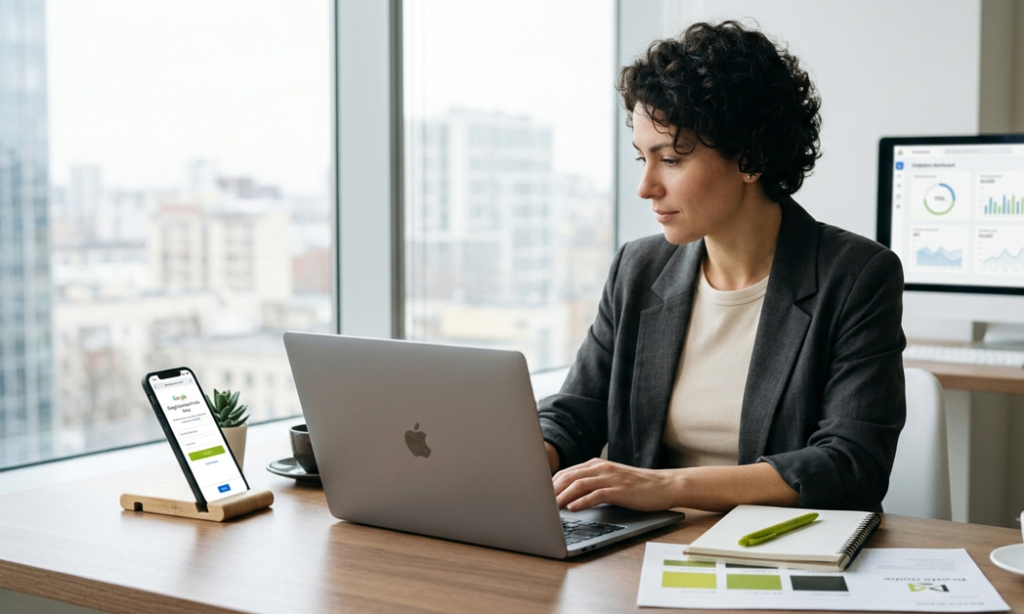 Digital marketing strategist mapping out a strategic plan on a whiteboard with sticky notes while reviewing performance data on a laptop