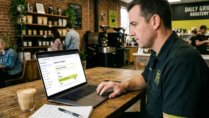 Coffee shop owner selecting and refining Google Business Profile categories including specialty coffee shop on a laptop inside his cafe