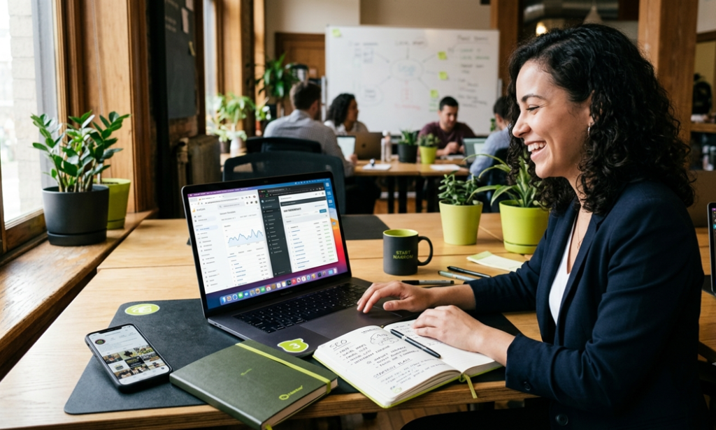 Smiling entrepreneur reviewing customer acquisition channel data on a MacBook with SEO and content marketing notes in a co-working cafe