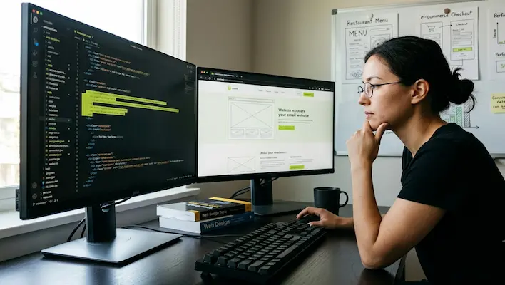 Freelance web developer thinking about his niche at a green-lit dual monitor desk setup late at night with coding and design screens