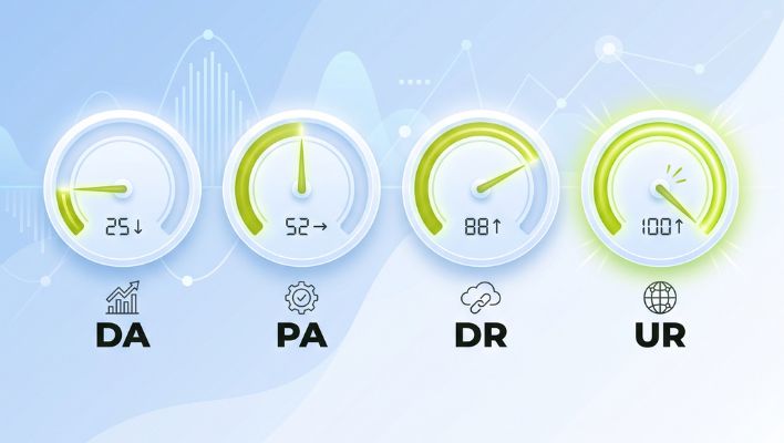 Four gauge dashboards showing SEO metrics — Domain Authority at 25, Page Authority at 52, Domain Rating at 88, and URL Rating at 100