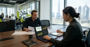 Two digital marketing specialists analyzing on-page and off-page SEO data charts on a laptop in a modern conference room.
