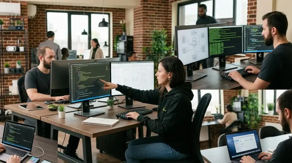 A detailed comparison illustrating the distinct differences between a web designer focusing on UI/UX mockups and a web developer writing code in a collaborative office environment.