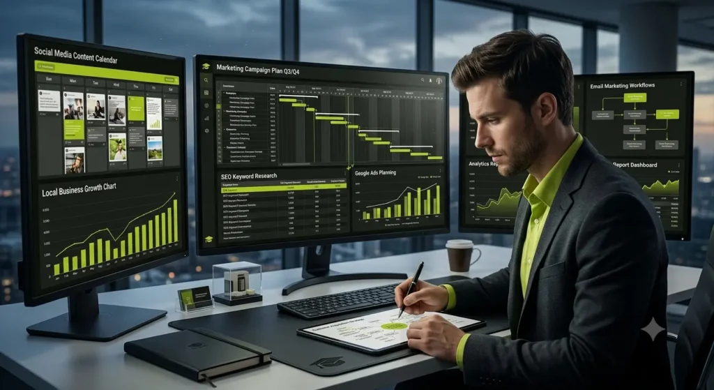 Digital marketing plan for small business showing a marketing strategist creating SEO, Google Ads, social media, and lead generation campaigns.