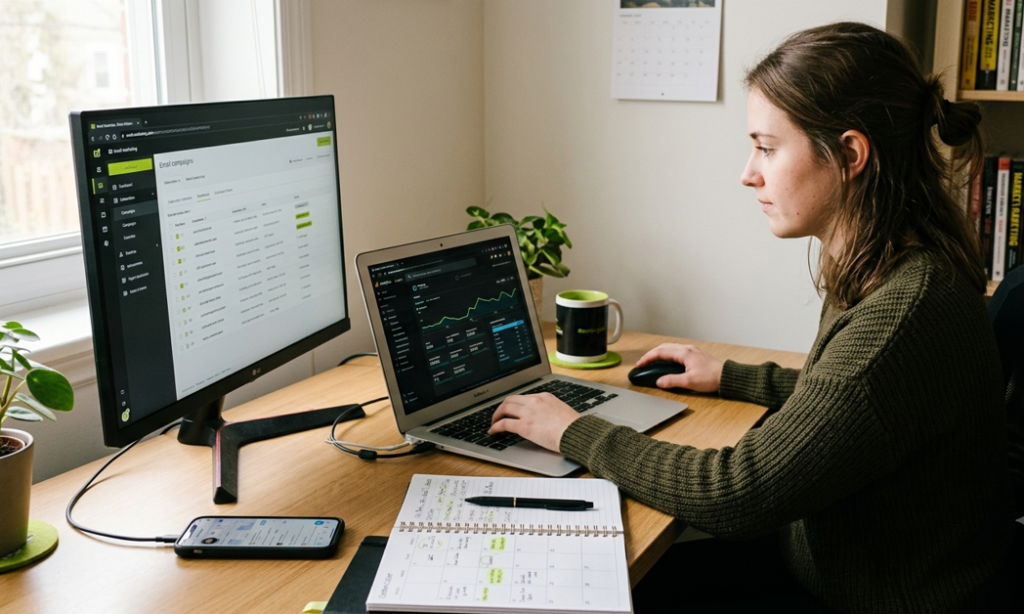 Digital marketer managing email campaigns and analytics data across a monitor and laptop with a content calendar notebook on her desk