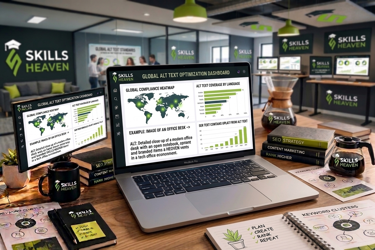 SEO specialist working on a digital marketing strategy for sustainable growth, showcasing white hat SEO techniques, content planning, and performance dashboards in a modern office.