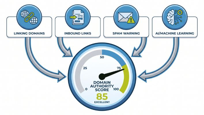 Infographic showing factors that influence Domain Authority score including linking domains, inbound links, spam warning, and AI/machine learning, with a sample score of 85 excellent