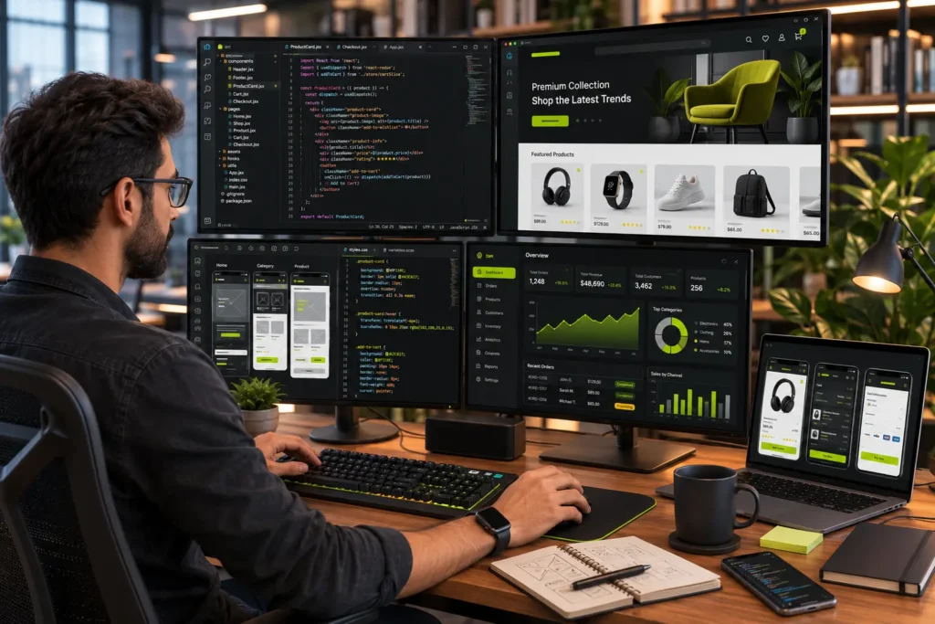 Professional ecommerce web developer building an online store with product pages, shopping cart, secure checkout, and payment gateway integration.