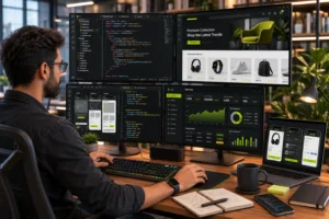 Professional ecommerce web developer building an online store with product pages, shopping cart, secure checkout, and payment gateway integration.