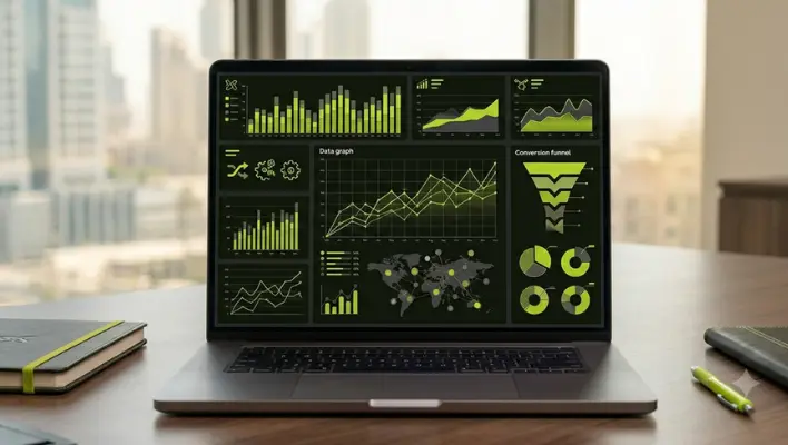 A modern laptop open on a wooden office desk, displaying a comprehensive digital marketing analytics dashboard with bright green charts, data graphs, and conversion funnels, with no people visible in the frame.