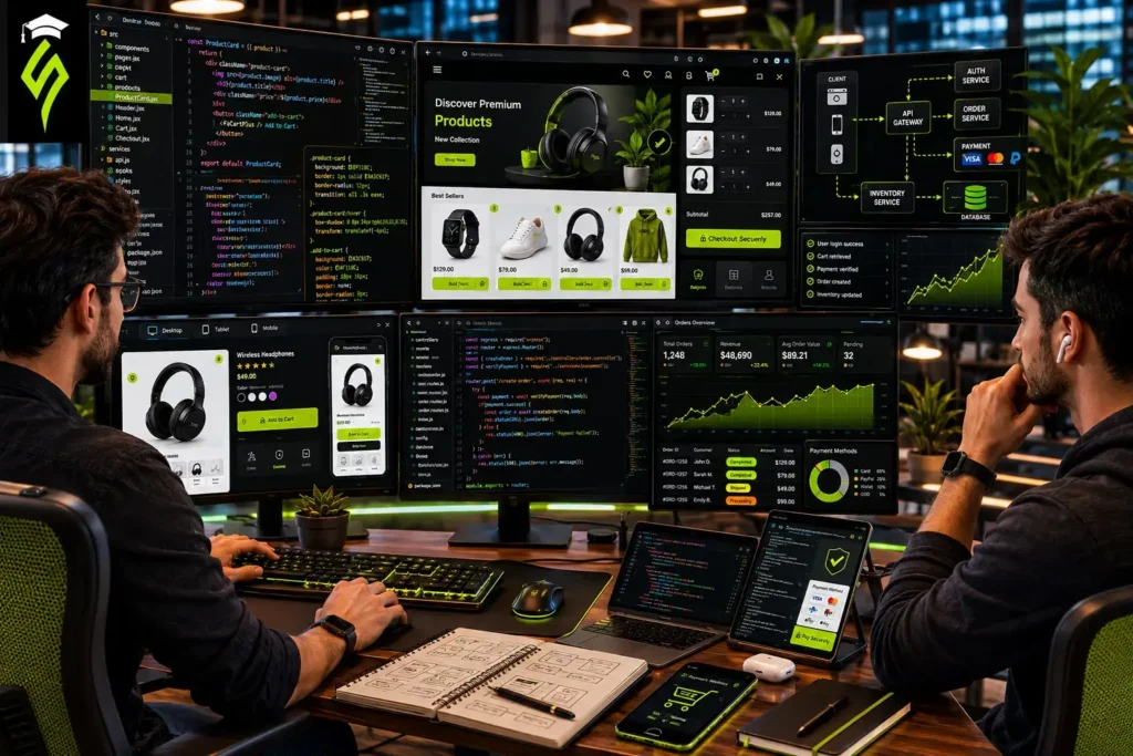 Web developers working on front-end and back-end ecommerce development with APIs, databases, product pages, and checkout functionality.