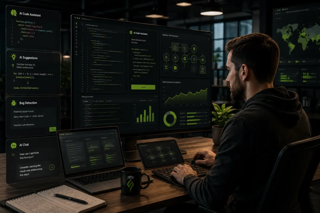 Full stack web developer working on front-end interfaces, back-end systems, databases, and web application architecture.