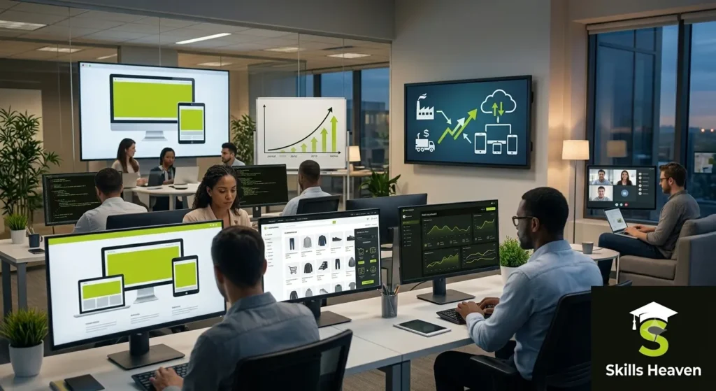 Future of web development careers showing developers working on web applications, e-commerce platforms, and digital transformation projects.