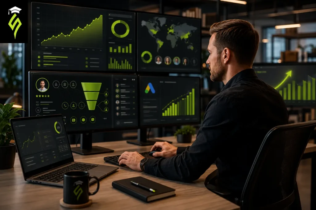 Digital marketer optimizing Google Ads campaigns through keyword targeting, bid management, and conversion tracking.