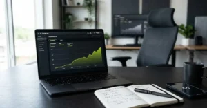 Laptop screen showing a Google Ads conversion tracking dashboard with an upward trending graph