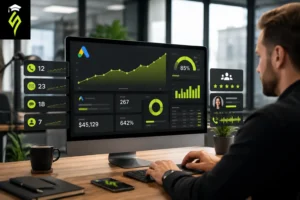Google Ads for small business lead generation showing a business owner managing ad campaigns, tracking conversions, and generating qualified leads.