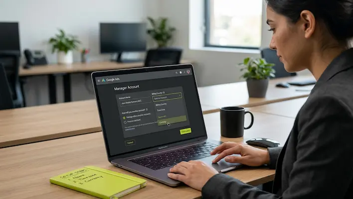 Woman filling out Google Ads manager account setup form with account name and billing country fields on a laptop in a professional office