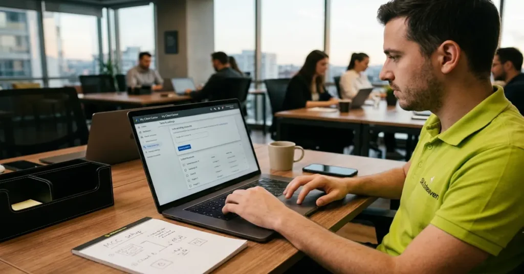 Skillsheaven specialist completing Google Ads manager account setup in My Client Center dashboard on a laptop in a modern co-working office