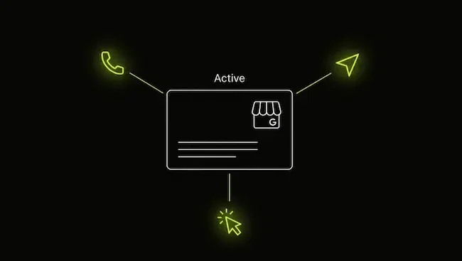 A minimalist, flat-design illustration on a near-black background depicting a central Google Business Profile card labeled "Active." Lime green lines connect and radiate outward to three glowing icons—a phone, a location arrow, and a cursor/click—symbolizing incoming customer engagement and activity.